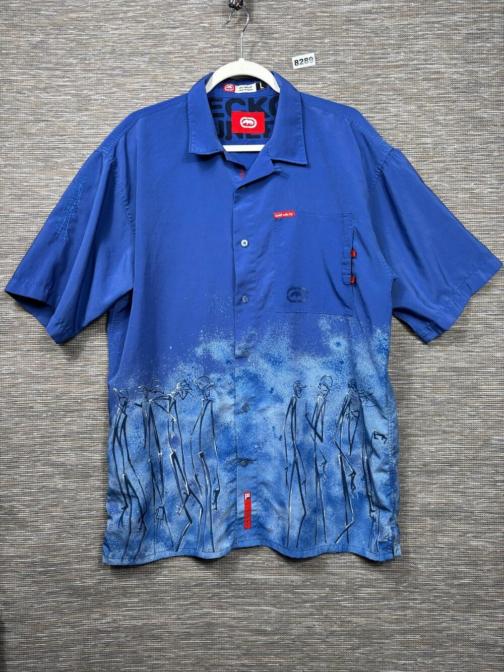 Ecko Unltd Shirt Mens Large Blue Graphic Button Up Short Sleeve Rhino Streetwear